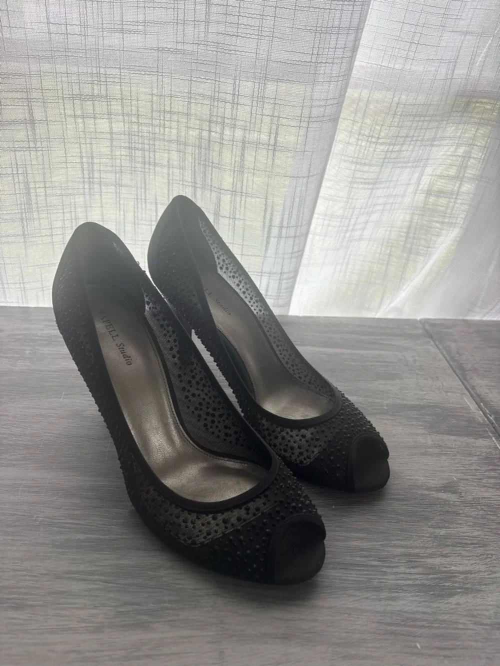 Adrianna Papell Black Embellished Peep-Toe Heels